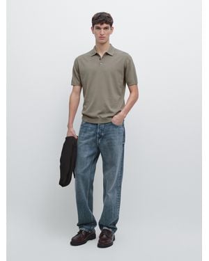 MASSIMO DUTTI 100% Cotton Knit Short Sleeve Polo Shirt - Green