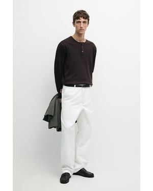 MASSIMO DUTTI 100% Cotton Long Sleeve Henley T-Shirt - Black