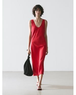 MASSIMO DUTTI 100% Linen Strappy Midi Dress - Red