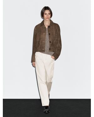 MASSIMO DUTTI Short Suede Leather Jacket With Pocket Details - White