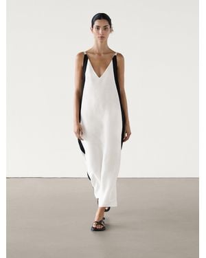 MASSIMO DUTTI 100% Linen Long Dress With Contrast Piping - Natural
