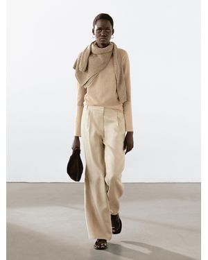 MASSIMO DUTTI 100% Linen Wide-Leg Elastic Detail Trousers - Natural