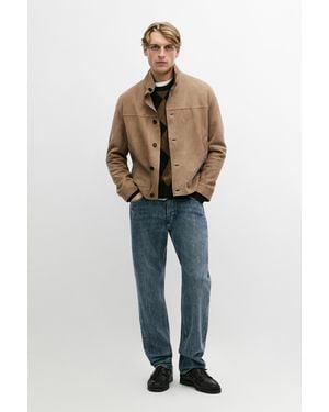 MASSIMO DUTTI Nubuck Leather Stand-Up Collar Jacket - Blue