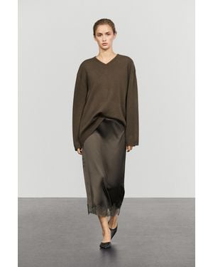 MASSIMO DUTTI Jupe Midi Dentelle Satinée - Gris