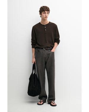 MASSIMO DUTTI Long Sleeve Henley Neck T-Shirt - Black