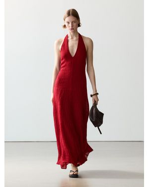 MASSIMO DUTTI Vestido Largo Escote 100% Lino - Rojo