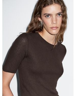 MASSIMO DUTTI Short Sleeve Cotton Blend T-Shirt - Brown