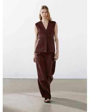 MASSIMO DUTTI Long 100% Linen Waistcoat With Ribbons - Brown
