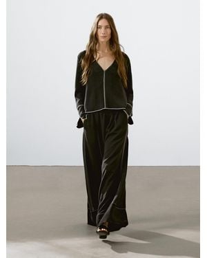 MASSIMO DUTTI Pantalón Fluido Pespuntes Contraste - Negro
