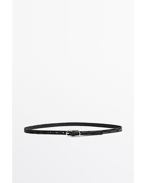 MASSIMO DUTTI Leather Belt With Oval Buckle And Textured Finish - White