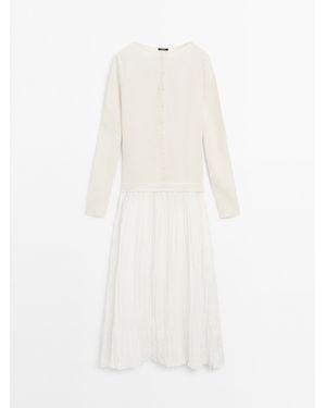MASSIMO DUTTI Lange Combi Plisséjurk - Wit