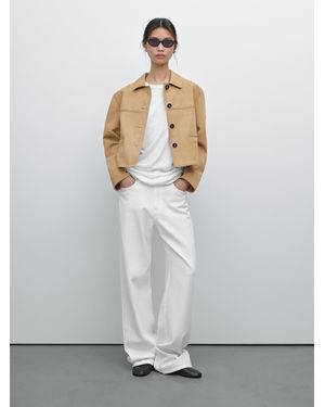 MASSIMO DUTTI Short Suede Leather Jacket With Topstitching - White