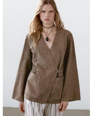 MASSIMO DUTTI Kimono Cruzado Piel Ante - Marrón