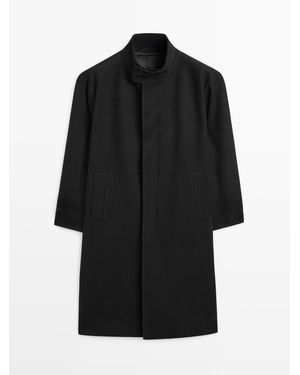 MASSIMO DUTTI Long Coat With High Collar, 100% Wool - Zwart