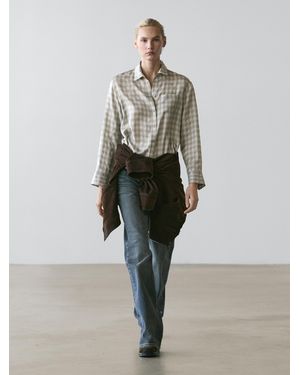 MASSIMO DUTTI Flowing 100% Cupro Check Shirt - White