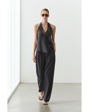 MASSIMO DUTTI Cotton Blend Wide-Leg Pleated Trousers - Blue