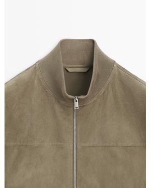 MASSIMO DUTTI Contrast Knit Suede Leather Jacket - White