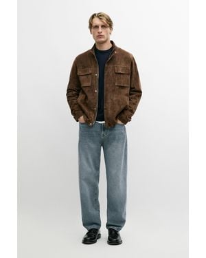 MASSIMO DUTTI Suede Leather Jacket With Pockets - Brown