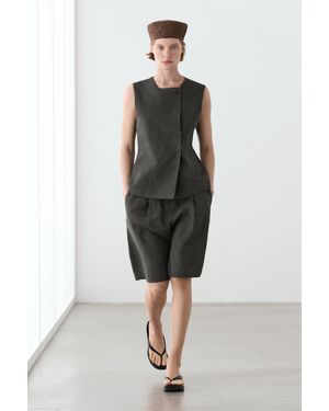 MASSIMO DUTTI Linen Melange Long Bermuda Shorts With Buckle Detail - Black