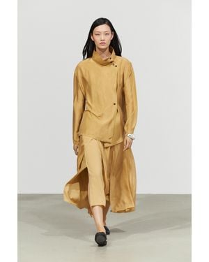 MASSIMO DUTTI 100% Silk Cross-Over High-Collar Shirt - Natural