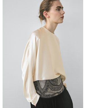 MASSIMO DUTTI Short-Sleeved Batwing Blouse, 100% Silk - White