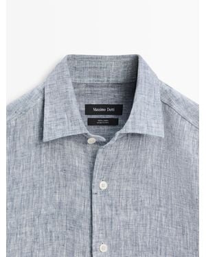 MASSIMO DUTTI Flowing Linen Shirt With Pocket - Blue