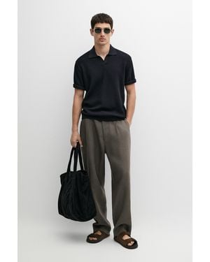 MASSIMO DUTTI Cotton Blend Knit V-Neck Polo Shirt - Black