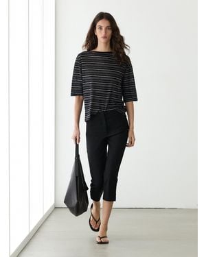 MASSIMO DUTTI 3/4 Sleeve Striped Linen Knit T-Shirt - Black