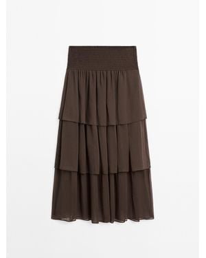 MASSIMO DUTTI Falda Larga Volantes - Marrón
