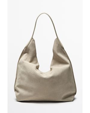 MASSIMO DUTTI Maxi Split Suede Leather Shoulder Bag - Black