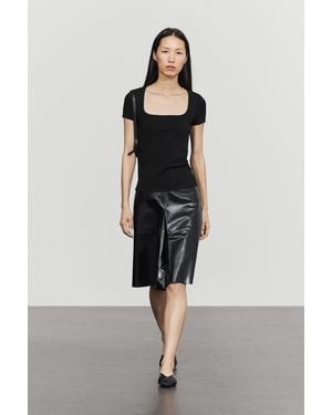 MASSIMO DUTTI Short Sleeve Square Neckline T-Shirt - Black