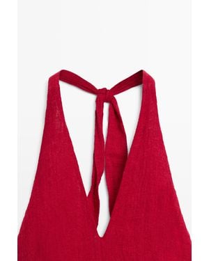 MASSIMO DUTTI Long 100% Linen Dress With Neckline Detail - Red