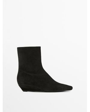 MASSIMO DUTTI Split Leather Wedge Ankle Boots - Black