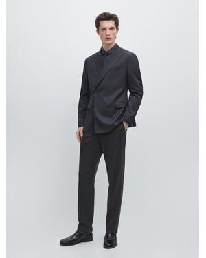 MASSIMO DUTTI 100% Cool Wool Double-Breasted Suit Blazer - Blue