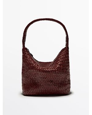 MASSIMO DUTTI Nappa Leather Woven Bucket Bag - Red