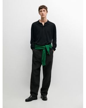 MASSIMO DUTTI 100% Linen Knit Polo Collar Jumper - Green