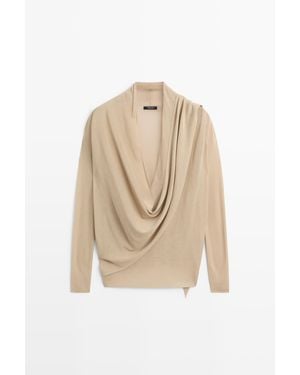 MASSIMO DUTTI Fijngebreid Wikkelvest Met Drapering - Naturel