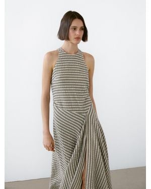 MASSIMO DUTTI Long Check Cotton Flounce Dress - White