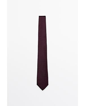 MASSIMO DUTTI 100% Silk Tie With Embroidered Detail - Purple
