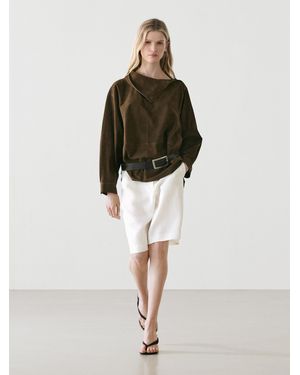 MASSIMO DUTTI Long Linen Bermuda Shorts - Natural