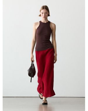 MASSIMO DUTTI 100% Linen Flounce Midi Skirt - Red