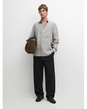 MASSIMO DUTTI 100% Linen Regular Fit Shirt With Pocket - Grey