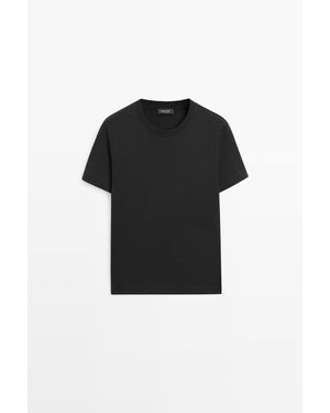 MASSIMO DUTTI 100% Katoenen Interlock T-Shirt Met Ronde Hals - Zwart