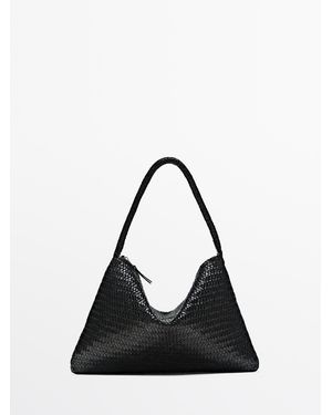 MASSIMO DUTTI Middelgrote Gevlochten Leren Schoudertas - Zwart