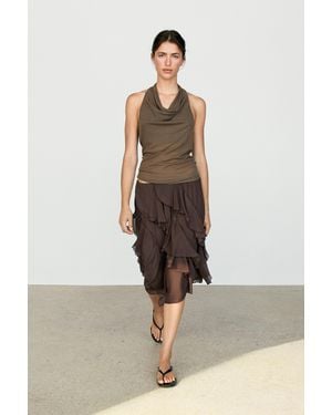 MASSIMO DUTTI Flowing Ruffled Midi Skirt - Natural