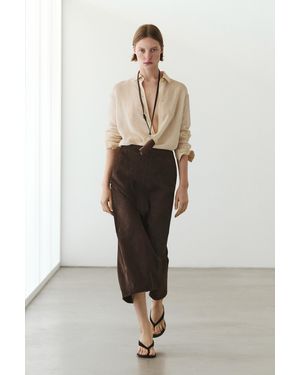 MASSIMO DUTTI Straight Nubuck Leather Midi Skirt - Natural