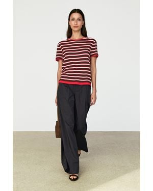 MASSIMO DUTTI 100% Cotton Short Sleeve Striped T-Shirt - Red