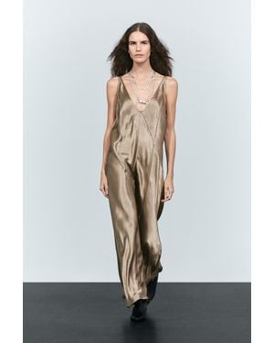 MASSIMO DUTTI Satin V-Neck Long Dress - White