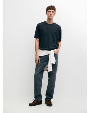 MASSIMO DUTTI Lightweight 100% Linen Knit T-Shirt - Blue