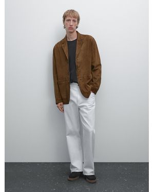 MASSIMO DUTTI Americana Pespuntes Piel Ante - Gris